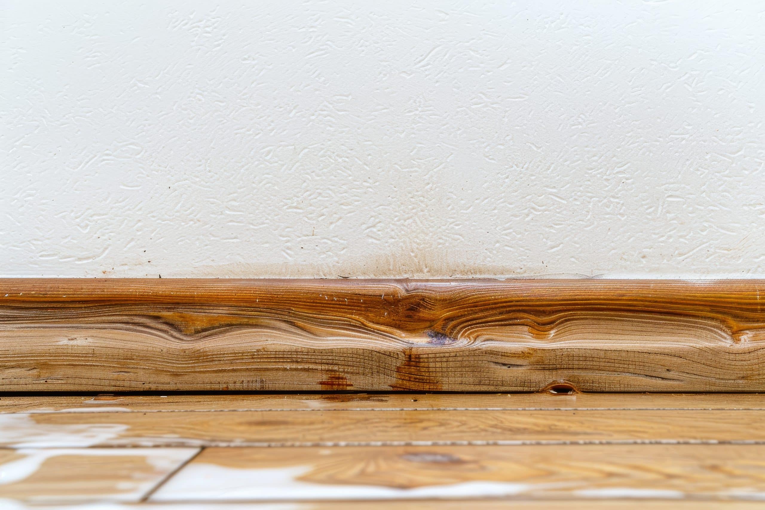 Water-stained wooden baseboard against a drywall wall, the visible sign that wall water damage repair cost estimates are priced from