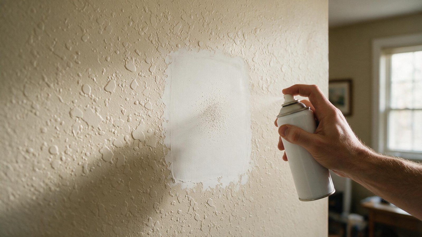 A hand sprays an aerosol texture can onto a smooth white drywall patch in the middle of a beige knockdown-textured wall