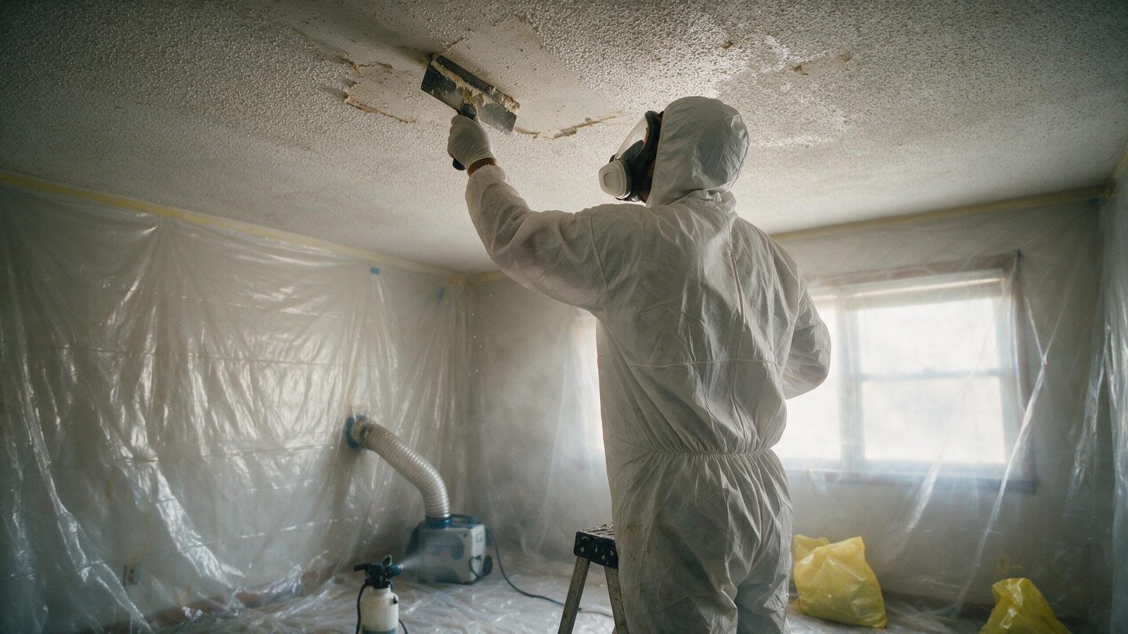 Abatement worker in a disposable suit and full-face respirator scraping a popcorn ceiling inside a room sealed with plastic sheeting