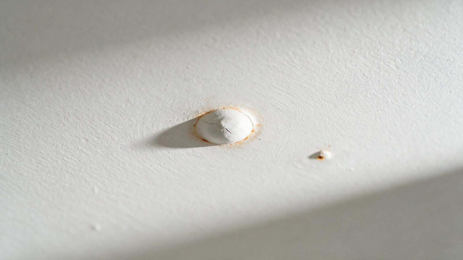Popped drywall nail on a white ceiling showing a paint-covered bump, hairline crack, and faint rust ring under raking light