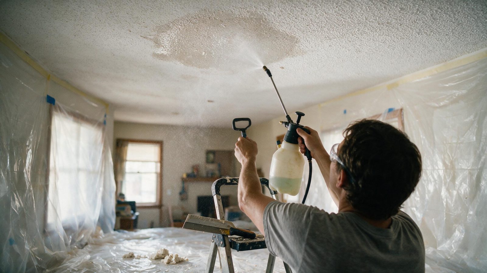 Pump sprayer misting water onto a popcorn ceiling so the texture can be scraped off wet