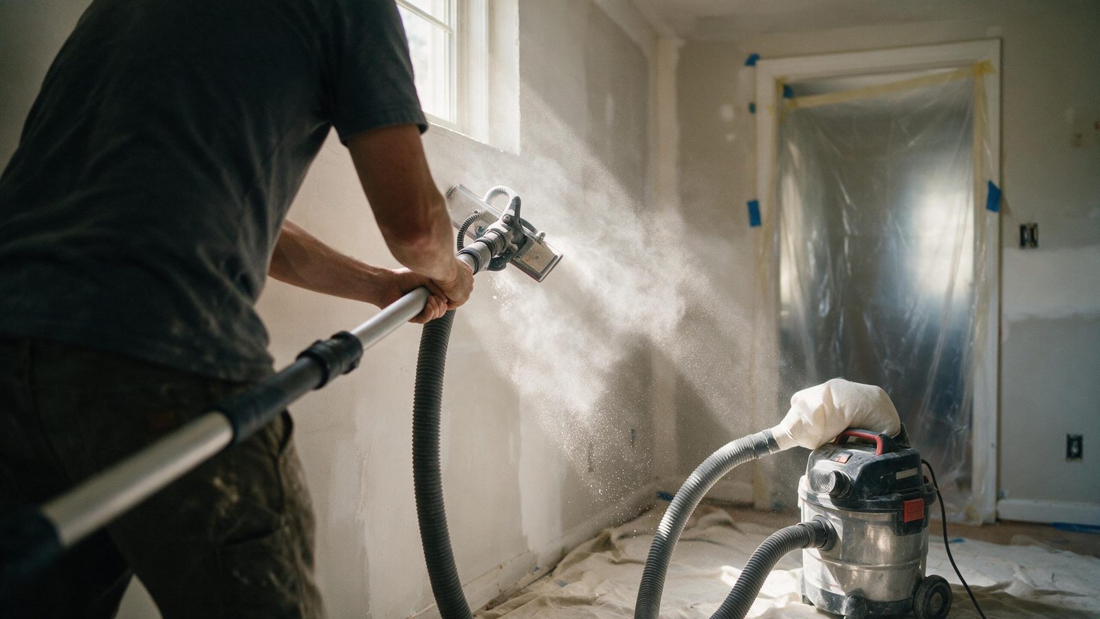 Pole sander hooked to a shop vacuum hose sanding a skim-coated wall, plastic sheeting taped over the doorway behind
