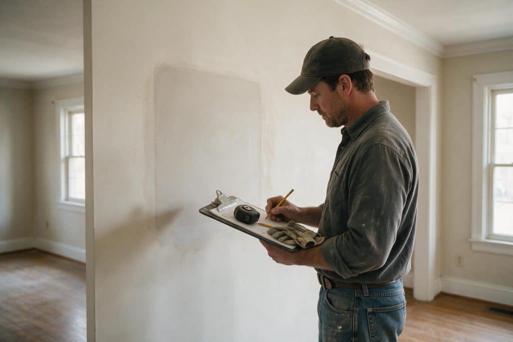 Contractor writing a drywall repair estimate on a clipboard in front of a sanded wall patch