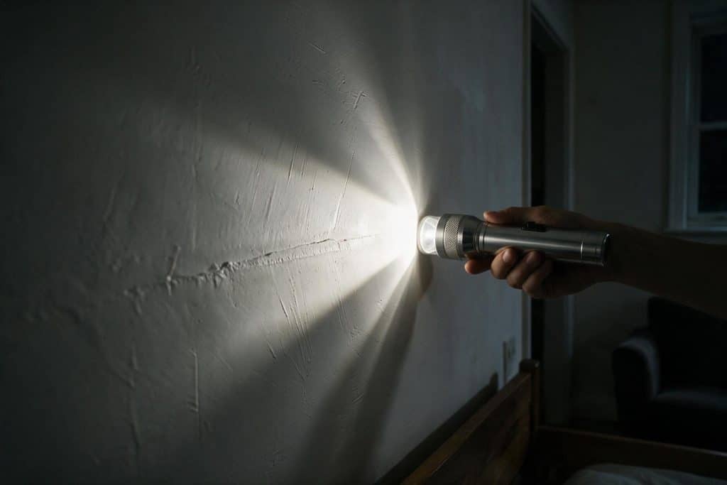 Flashlight held flat against a skim coated wall at night, raking light casting shadows from ridges and a proud drywall seam