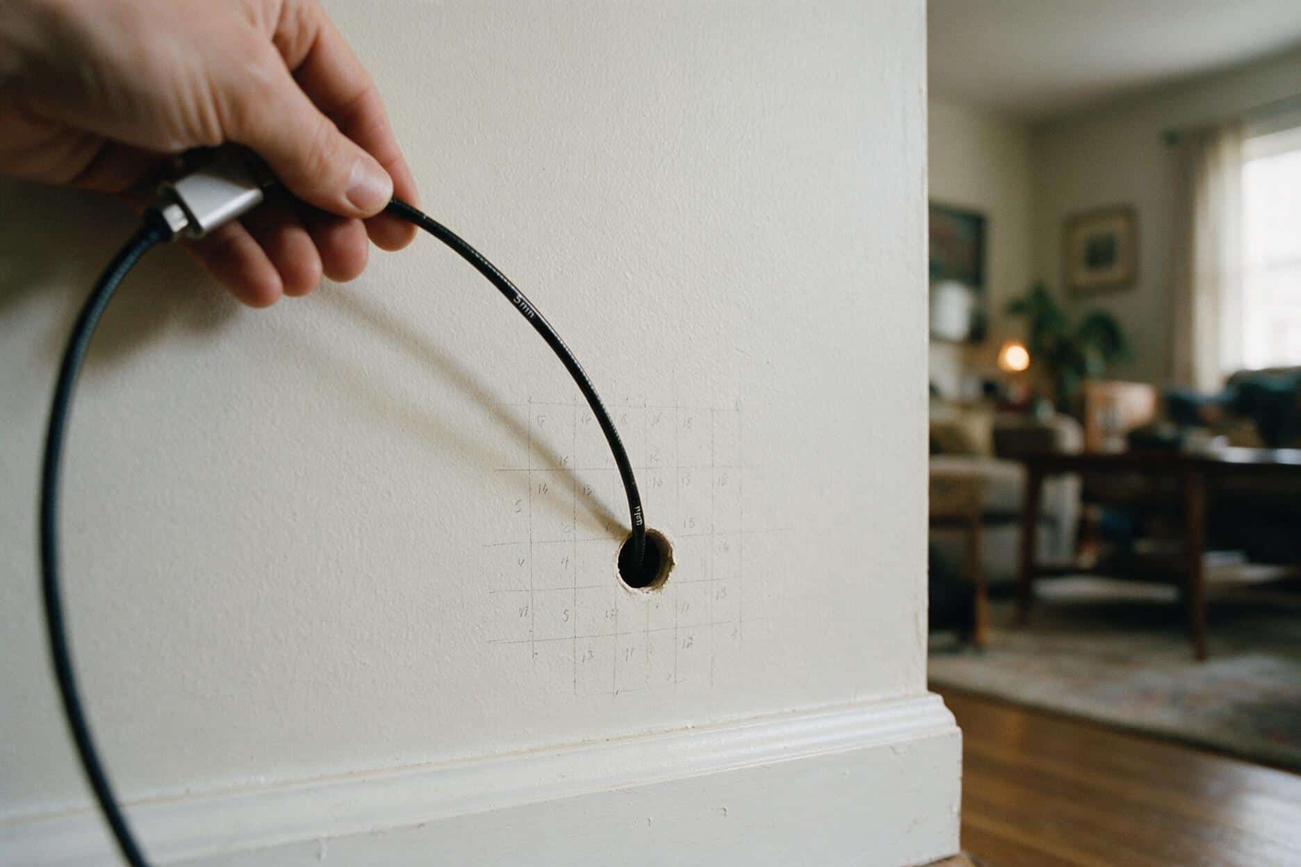 A USB borescope cable fed into a small drilled hole low on a drywall wall, next to penciled grid marks and moisture readings