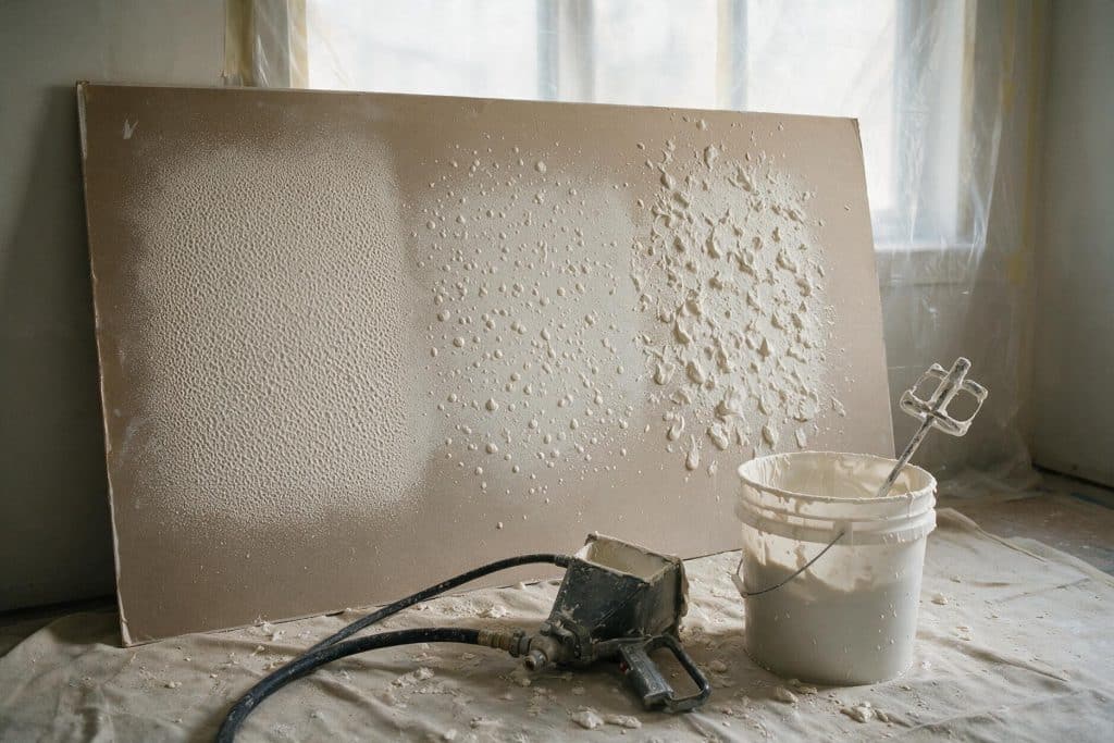 Cardboard test board sprayed with three drywall texture test patches next to a hopper gun and a bucket of thinned joint compound