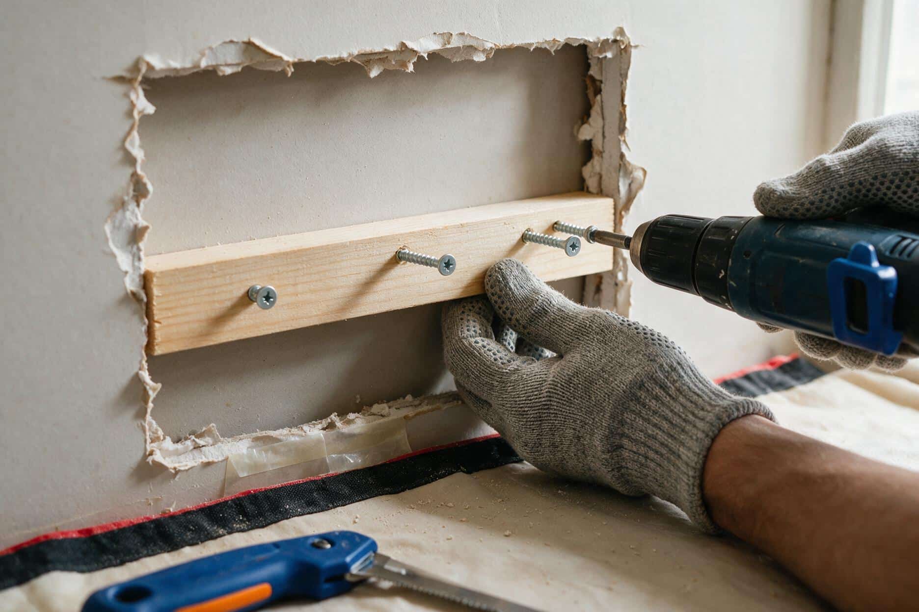 Wood furring strip screwed inside a large drywall cutout as a backing cleat for a patch