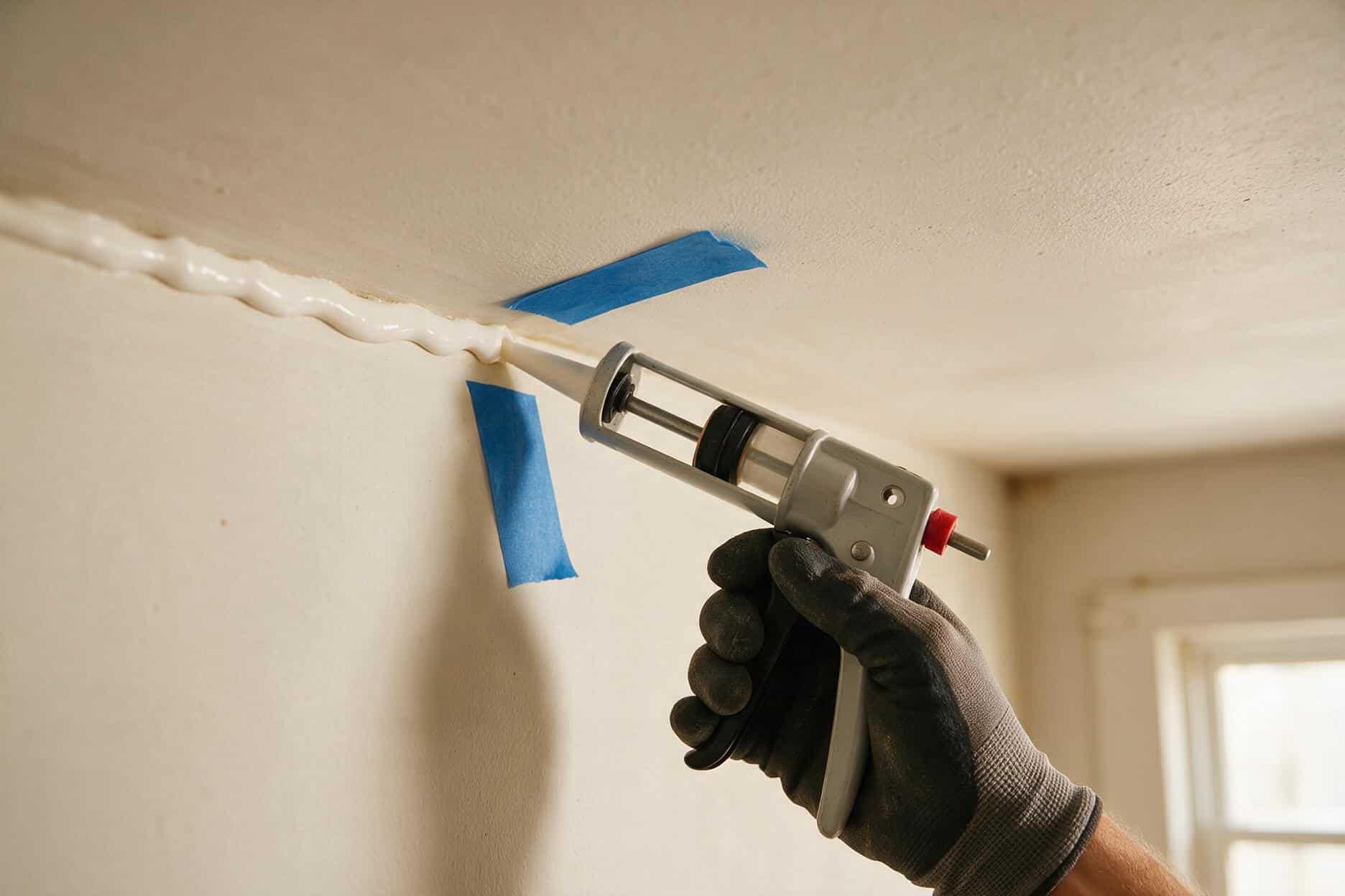 Gloved hand applying flexible sealant with a caulking gun into a crack where the wall meets the ceiling, a fix for truss uplift