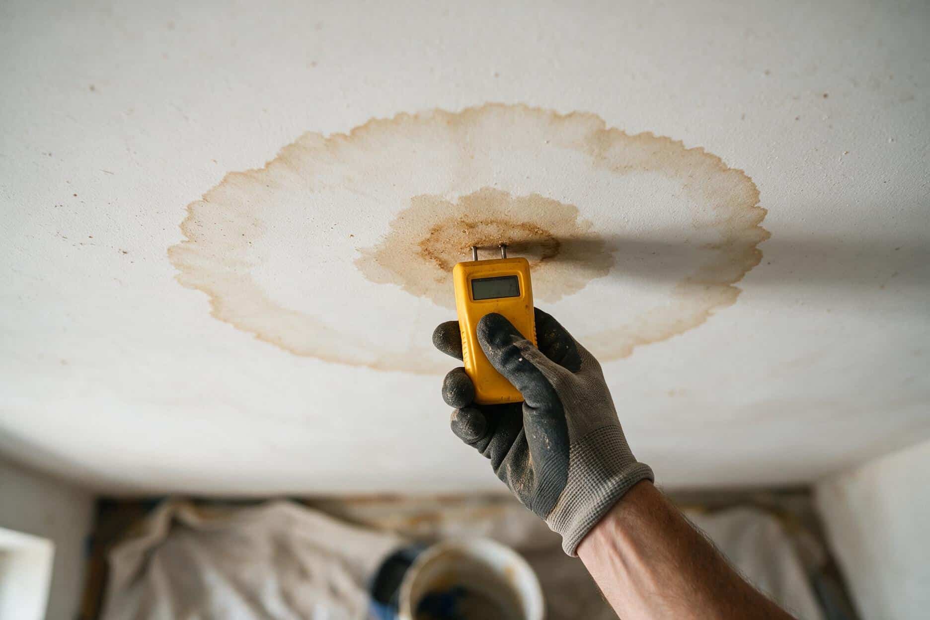Contractor pressing a pin moisture meter into a water-stained ceiling to confirm the drywall is dry before repair