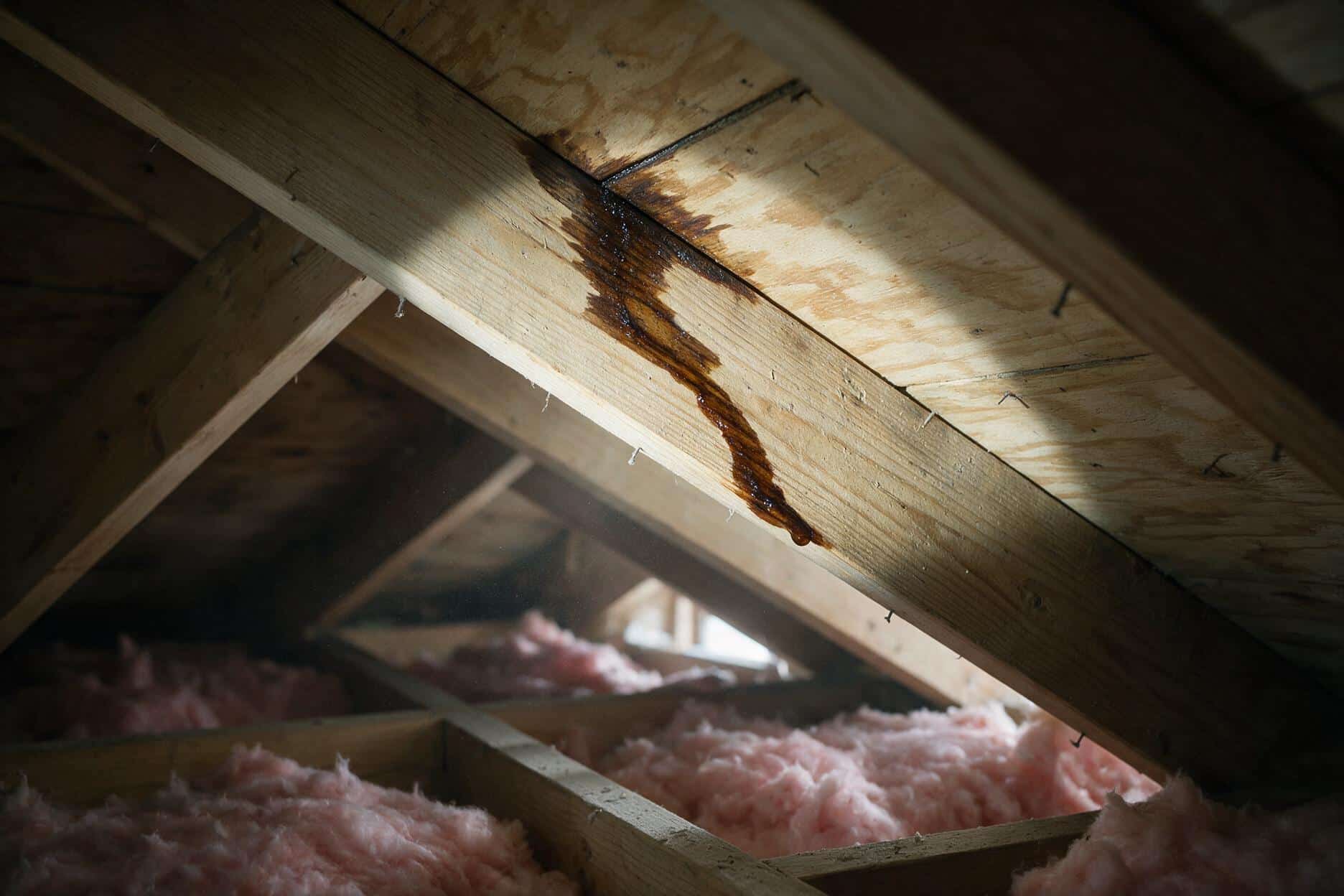 Flashlight beam revealing a dark water trail along an attic roof rafter, showing how rain water travels before it reaches the ceiling below