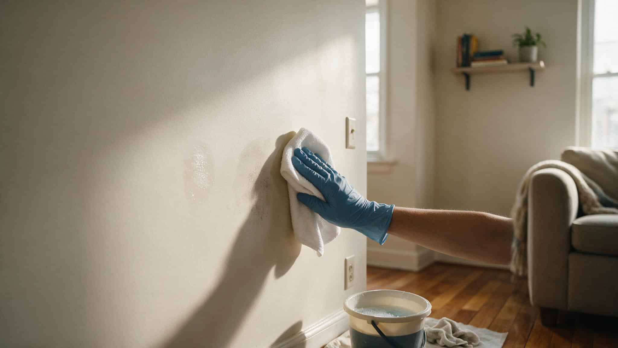 Gloved hand blotting a scuff on a flat-painted off-white wall with a soft microfiber cloth, bucket of soapy water on a drop cloth below