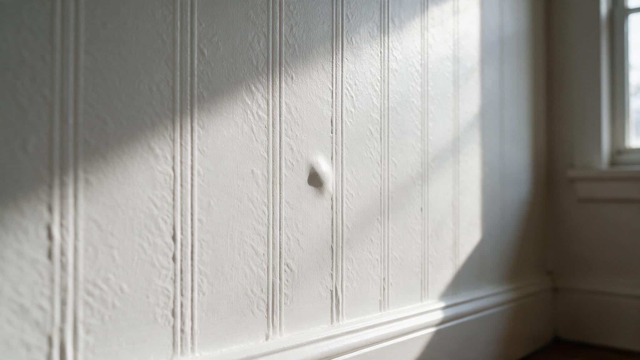 Raking window light showing wallpaper seams and embossed pattern telegraphing through fresh white paint, with a small blister near one seam