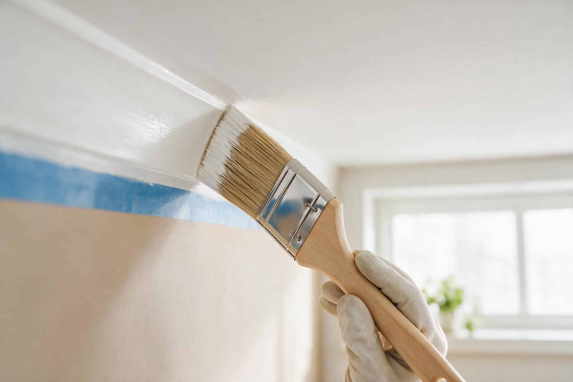 Gloved hand cutting in a crisp paint edge with an angled brush along the ceiling-to-wall corner, painter's tape on the wall below