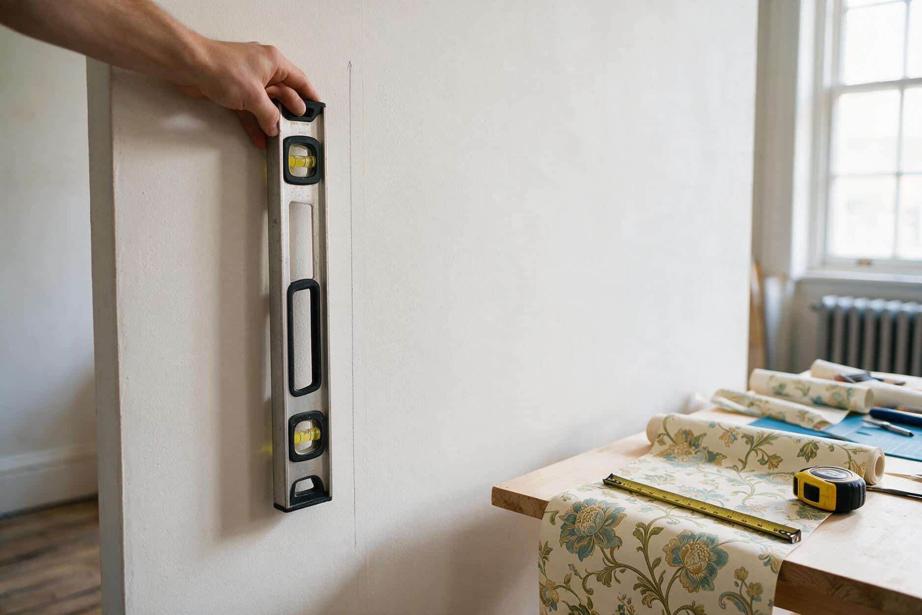 A level held against a wall to mark a plumb vertical line in pencil, next to a table with a partly unrolled strip of patterned wallpaper showing the pattern repeat