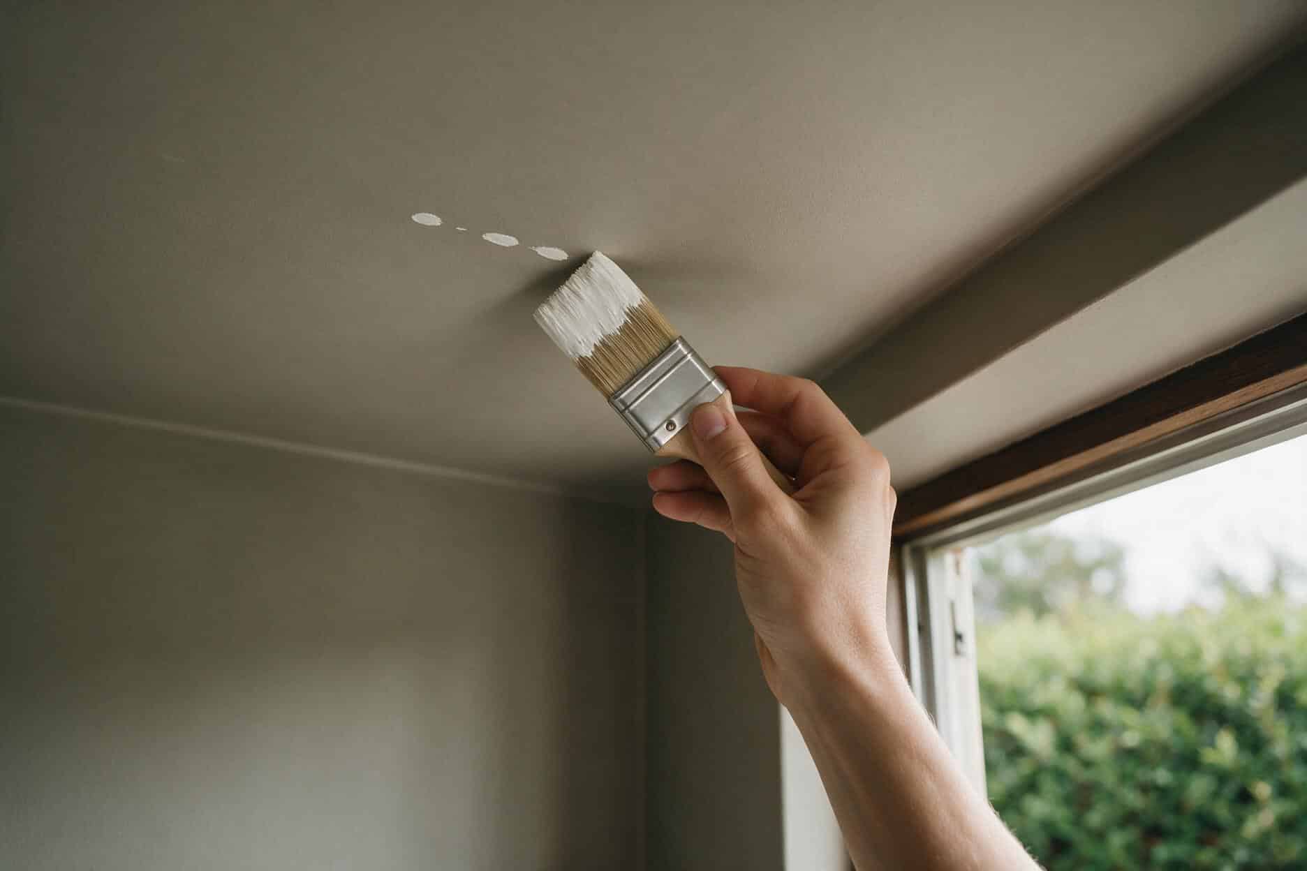 Angled sash brush placing guide dabs near a ceiling corner before drawing them into one cut-in line