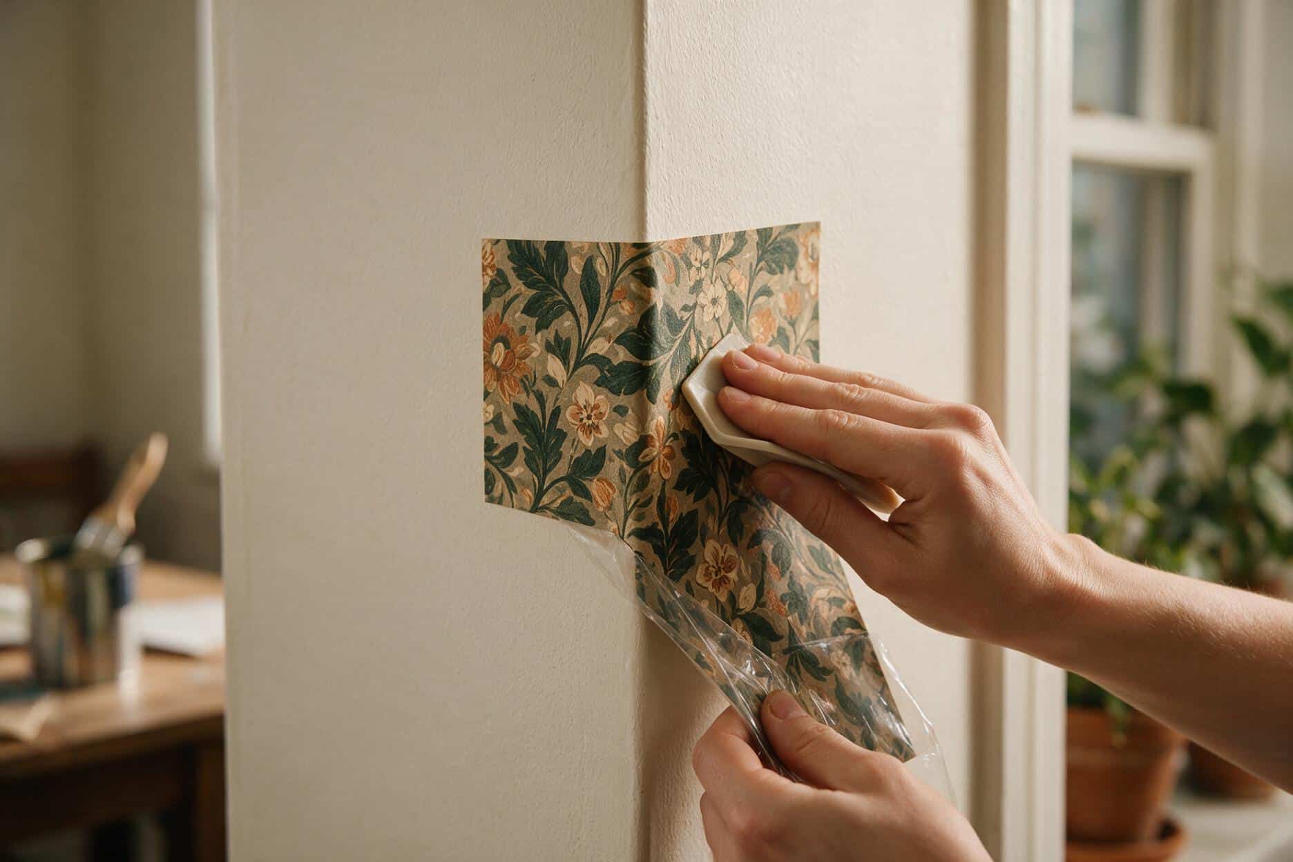 Hands pressing peel-and-stick wallpaper into an inside wall corner with a plastic smoothing tool