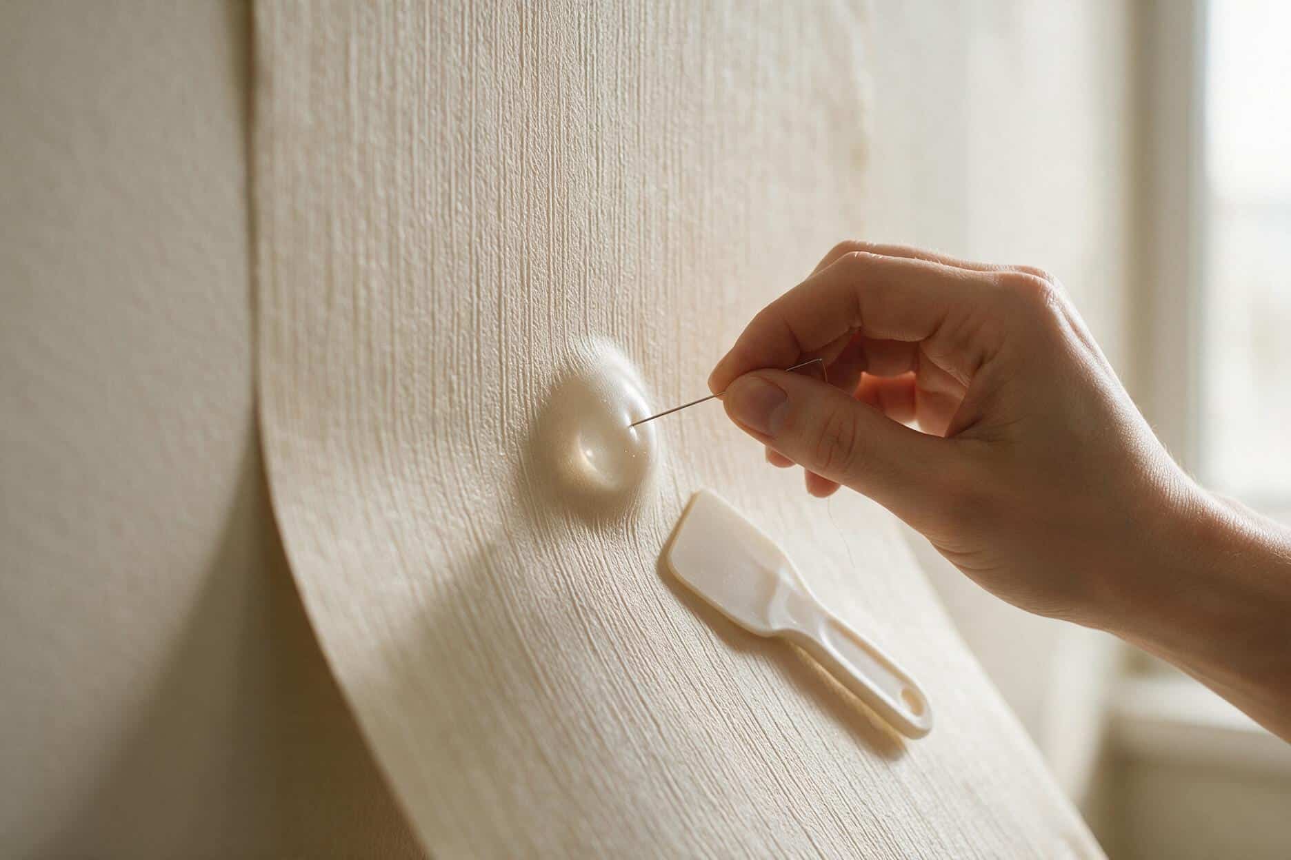 A needle piercing a small air bubble under peel-and-stick wallpaper before smoothing it flat