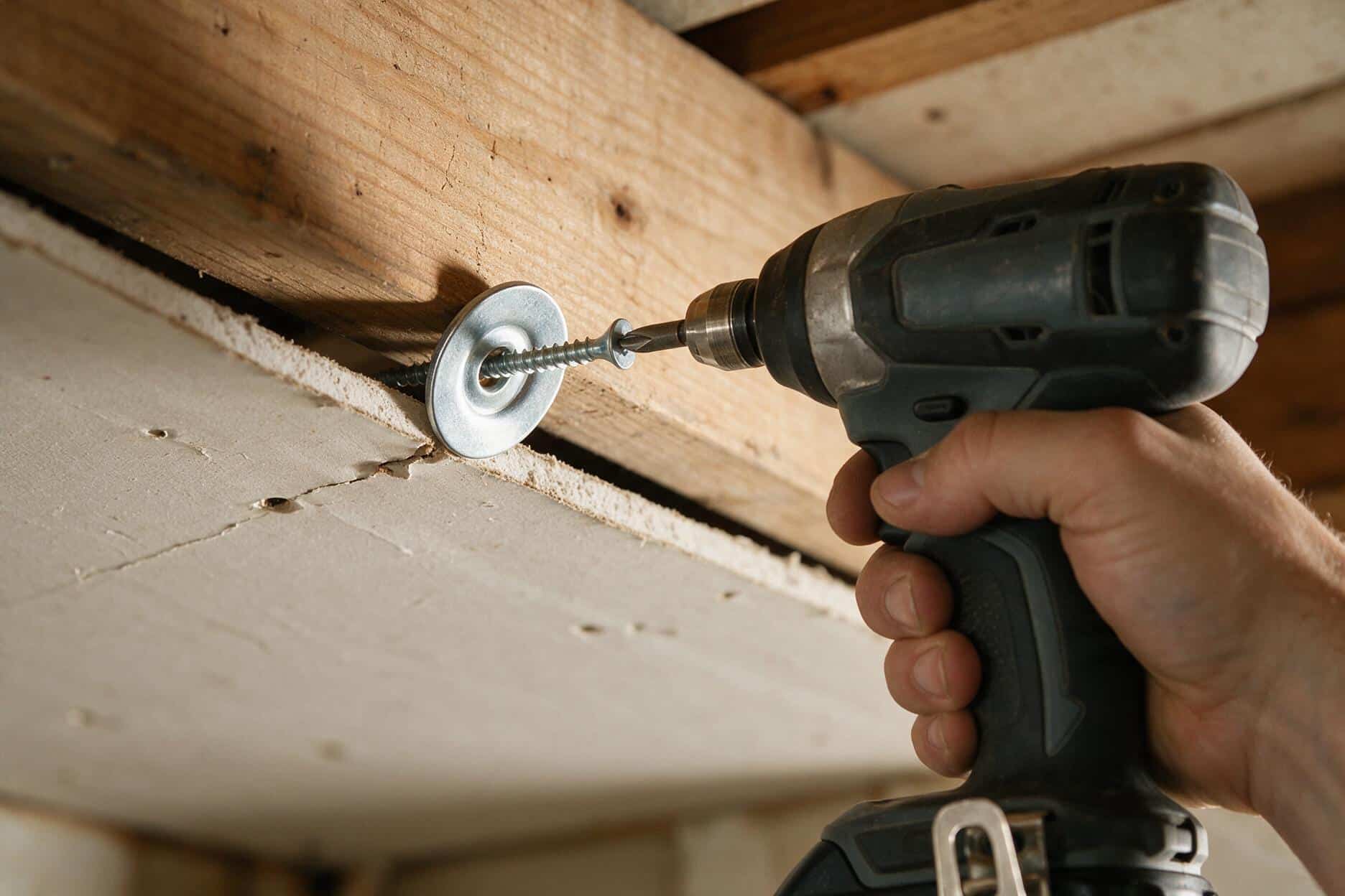 Contractor's hand driving a drywall screw through a repair washer into a ceiling joist to pull a sagging panel back into place