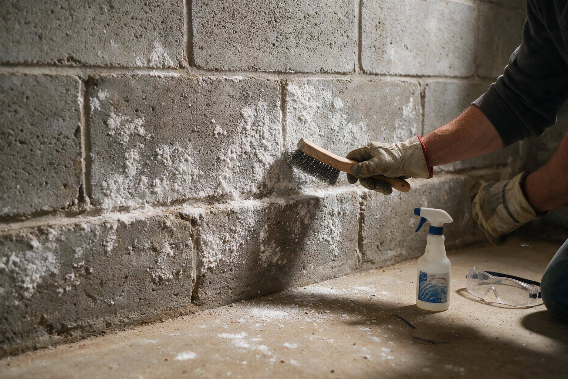 Gloved hands using a wire brush to dry-brush white efflorescence off a concrete block wall, with cleaner and goggles nearby