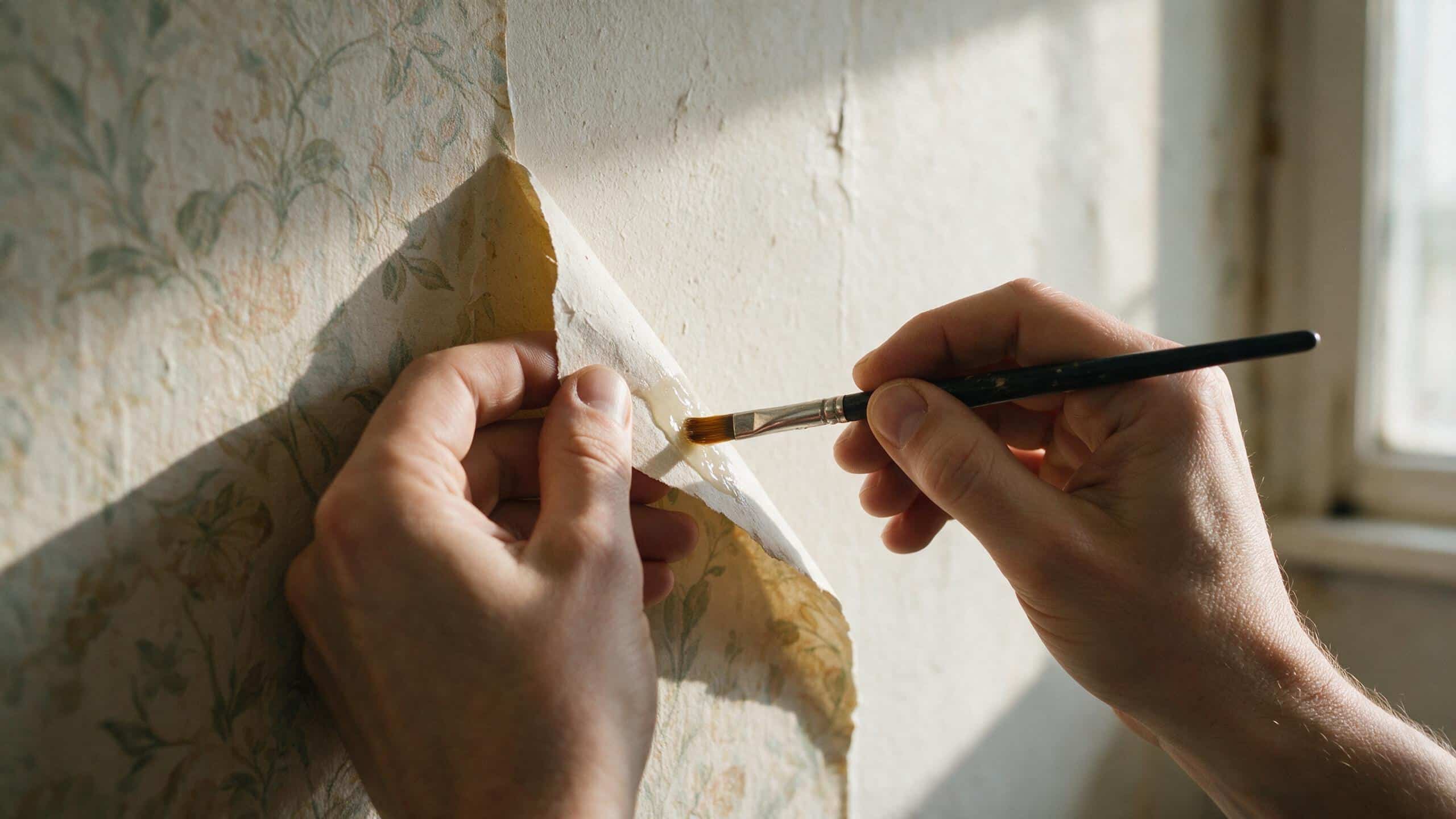Hands applying wallpaper seam repair adhesive under a lifted edge with a small brush before pressing it back down