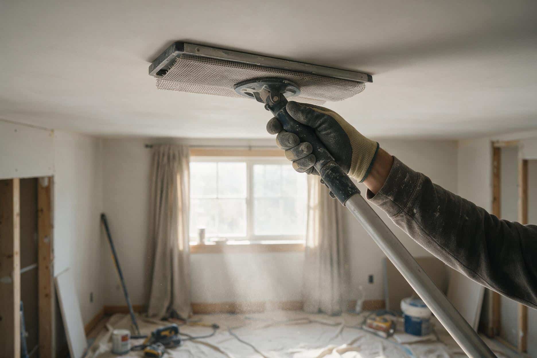 Pole sander with a sanding screen pressed flat against a smooth ceiling, extension pole angled upward in a drop-cloth-covered room