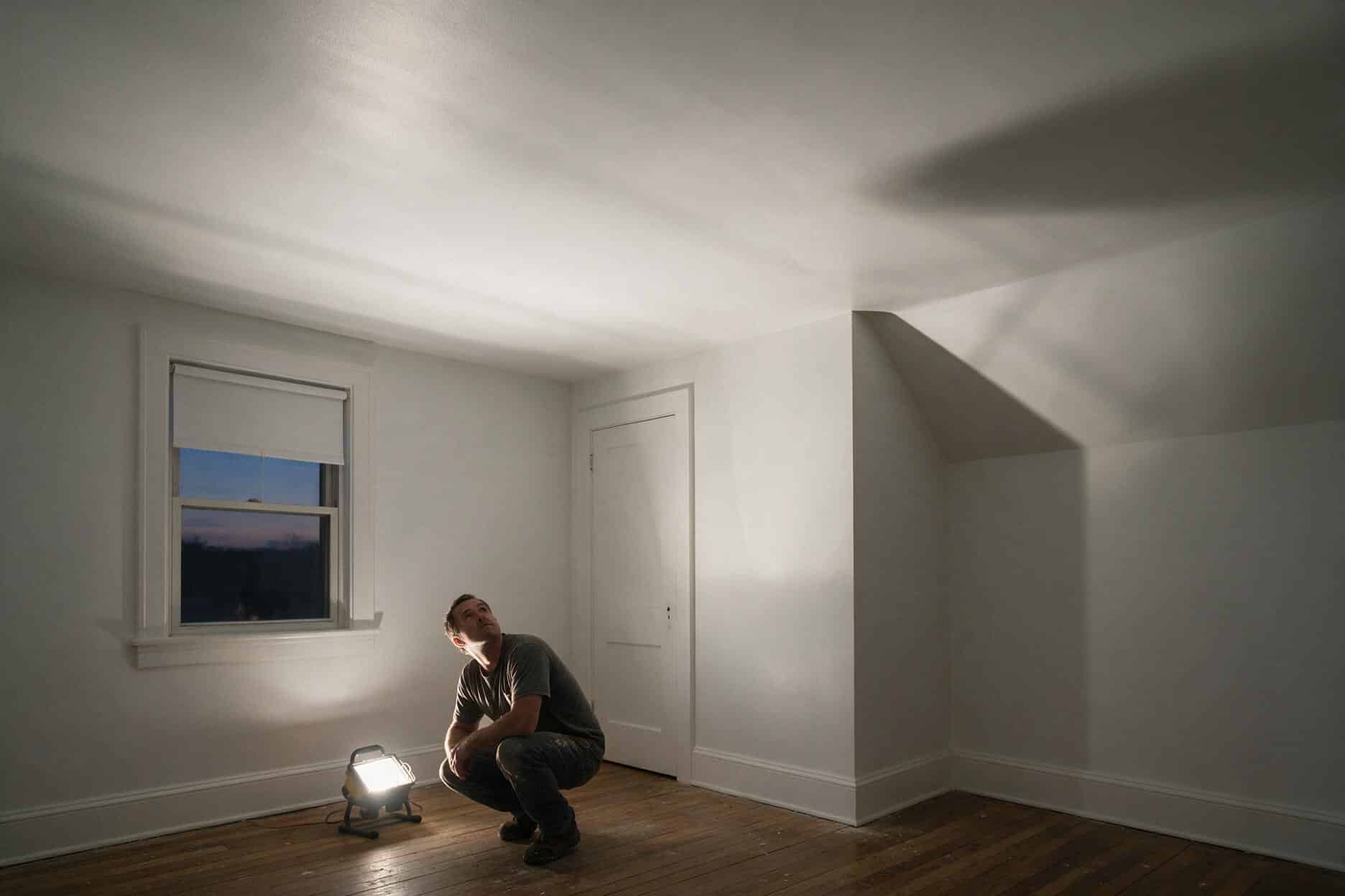 Work light placed on the floor casting raking light sideways across a freshly painted ceiling to reveal ridges near a corner