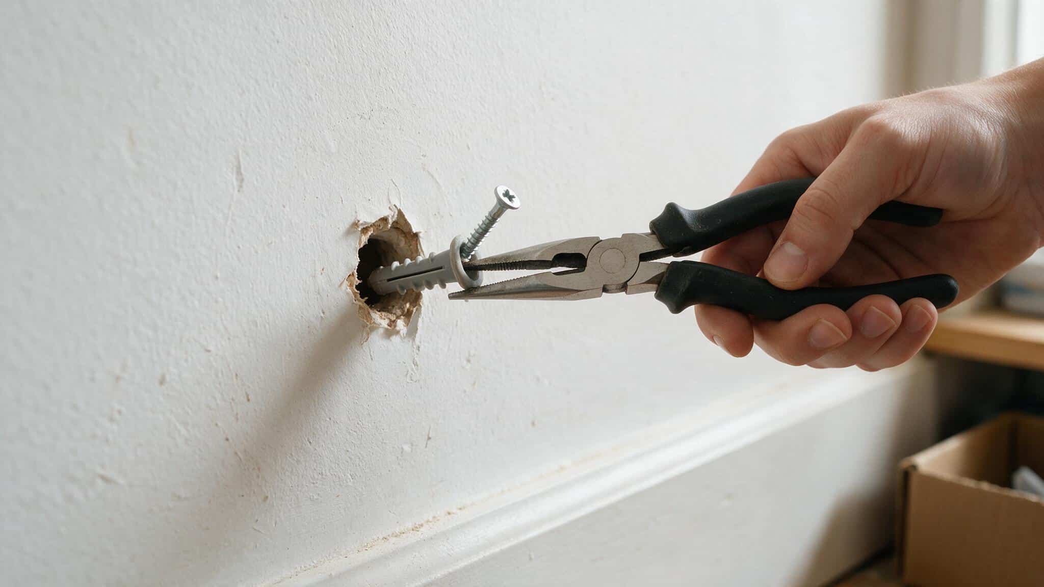 Needle-nose pliers pulling a plastic wall anchor and screw out of a small drywall hole