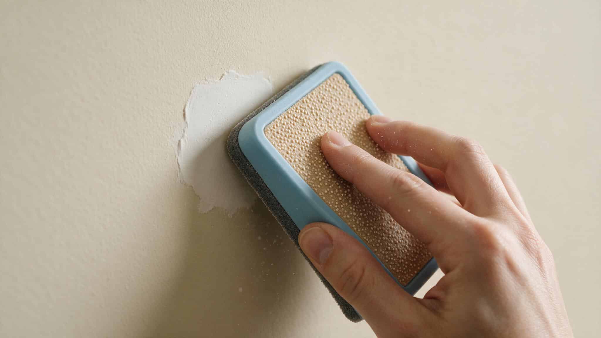 Sanding a dried spackle patch smooth with a fine-grit sanding sponge on a wall