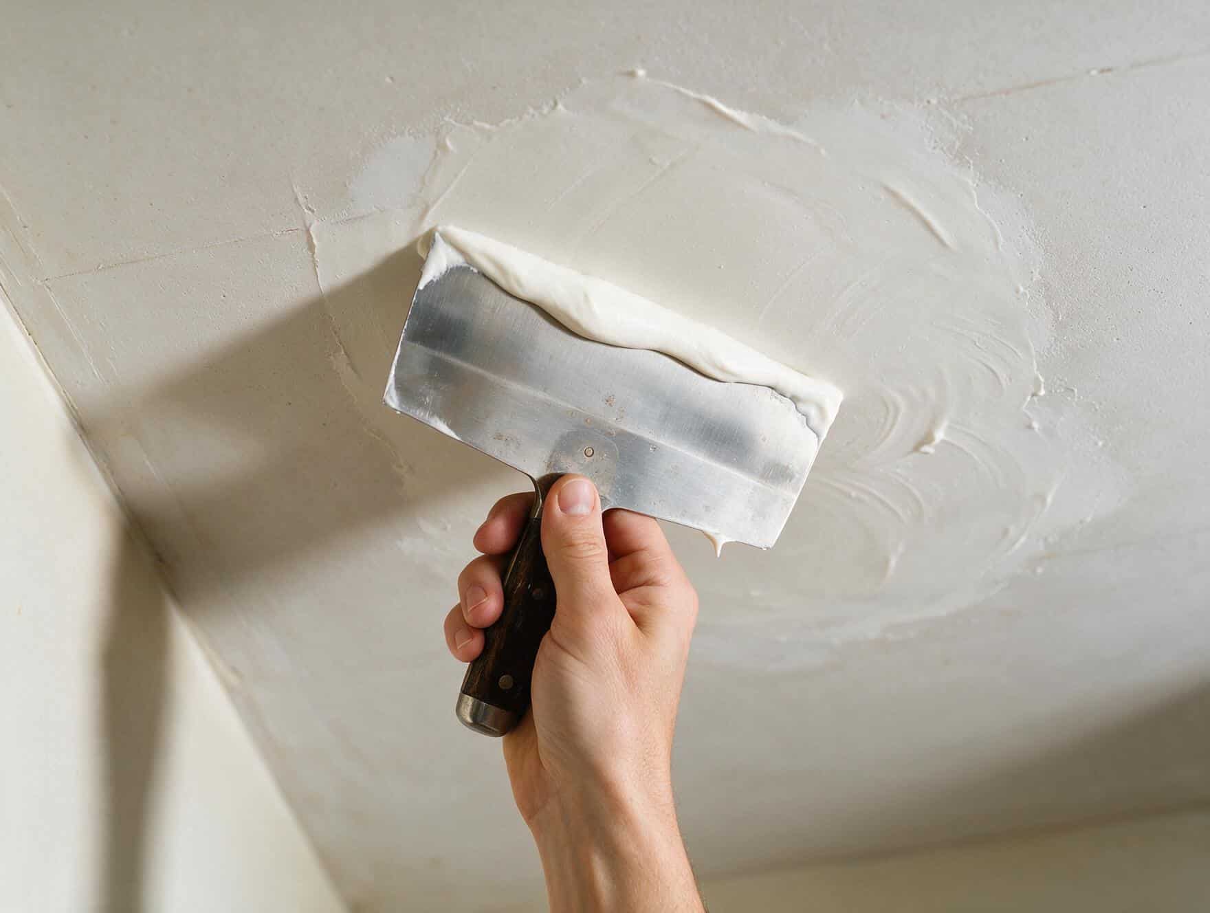 Taping knife loaded with joint compound reaching overhead to coat a ceiling patch, a drip showing gravity working against the coat