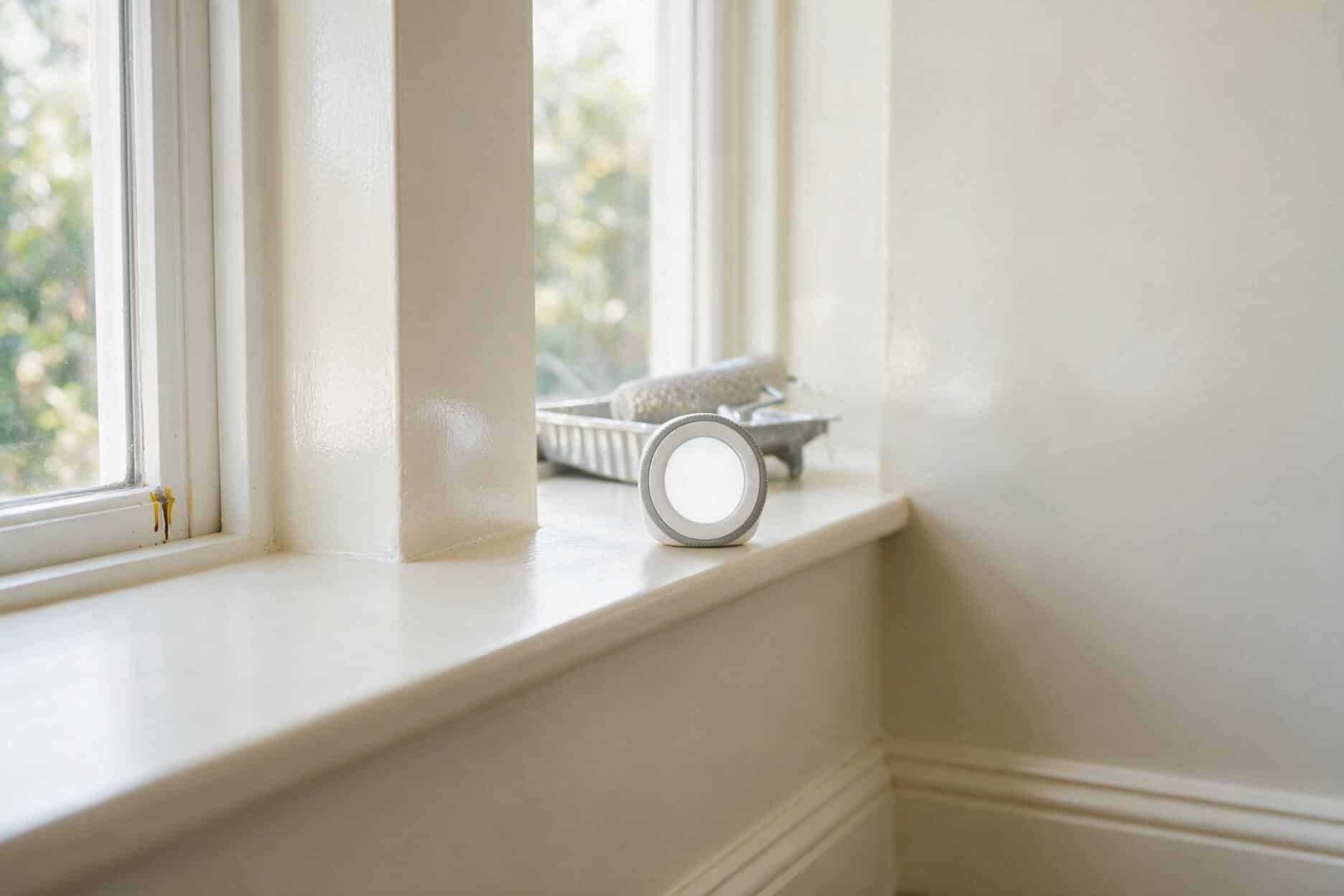 A hygrometer and thermometer on a windowsill in a freshly painted room, used to judge drying conditions
