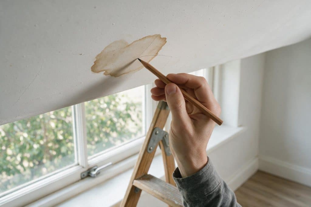 Pencil tracing the edge of a water stain on a ceiling to check whether the stain is still growing