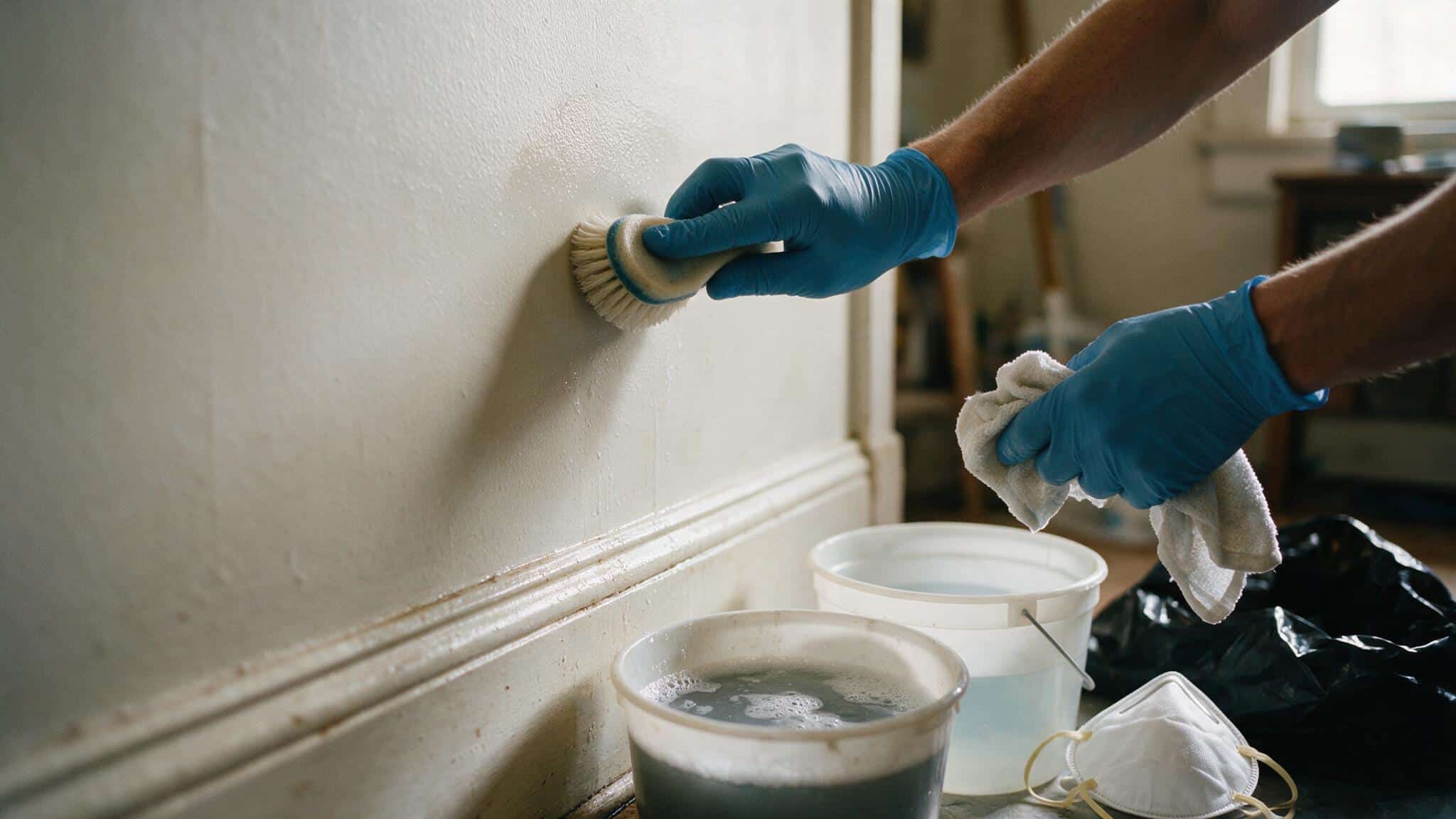 Gloved hands washing a moldy painted wall with a soft brush, with a soapy bucket, a rinse bucket and an N95 respirator on the floor