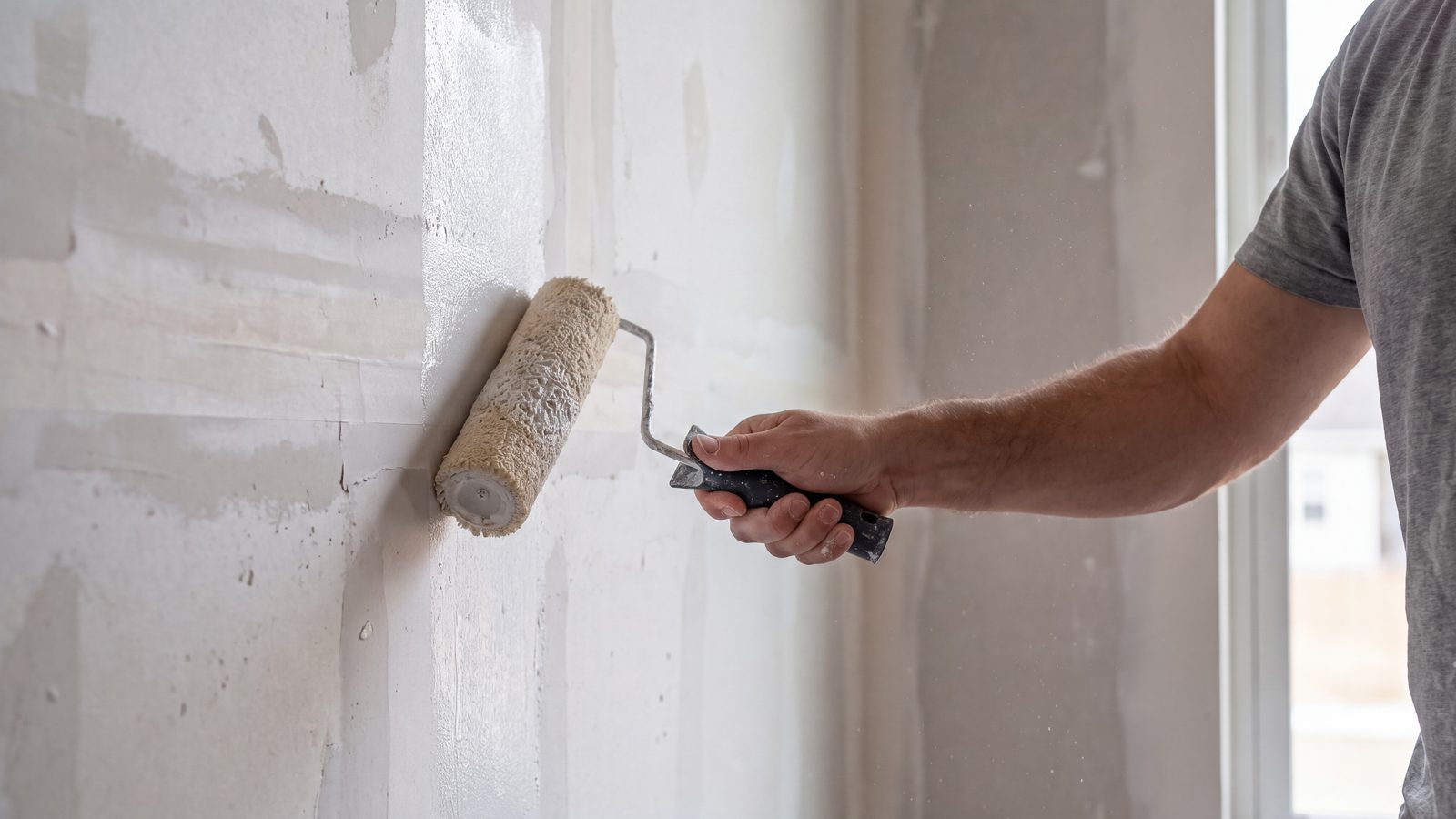 Hand rolling white primer onto a patched drywall wall with compound-filled seams before the color coat