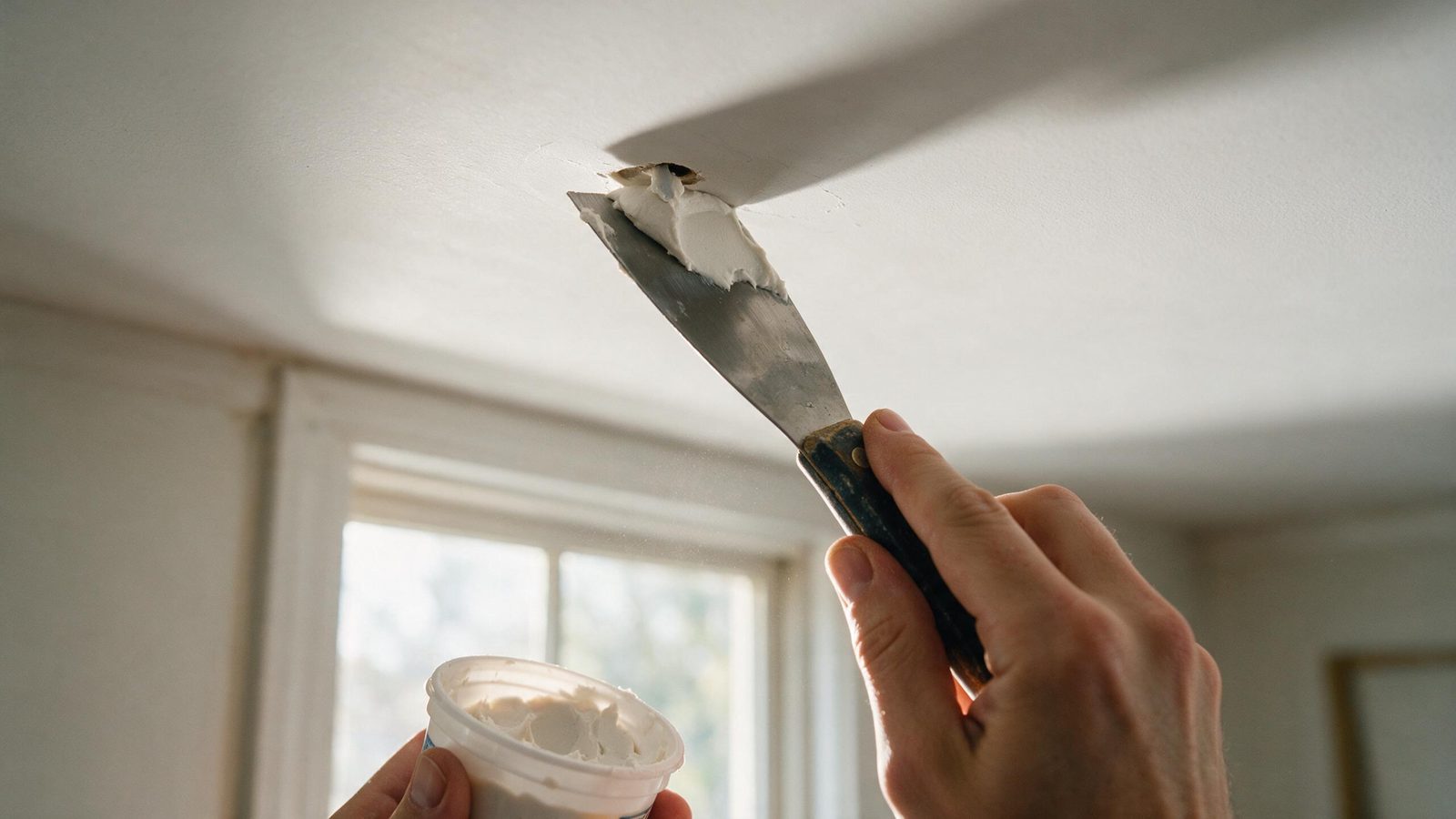 Putty knife pressing lightweight spackle into a small nail hole on a smooth white ceiling, worked overhead