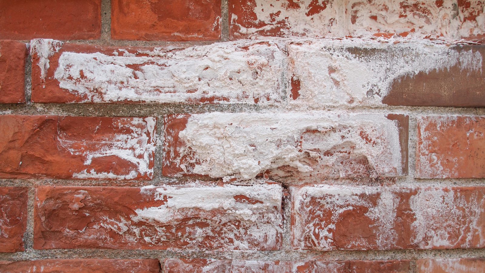 Close-up of white powdery efflorescence salt deposits crusting over a damp red brick wall