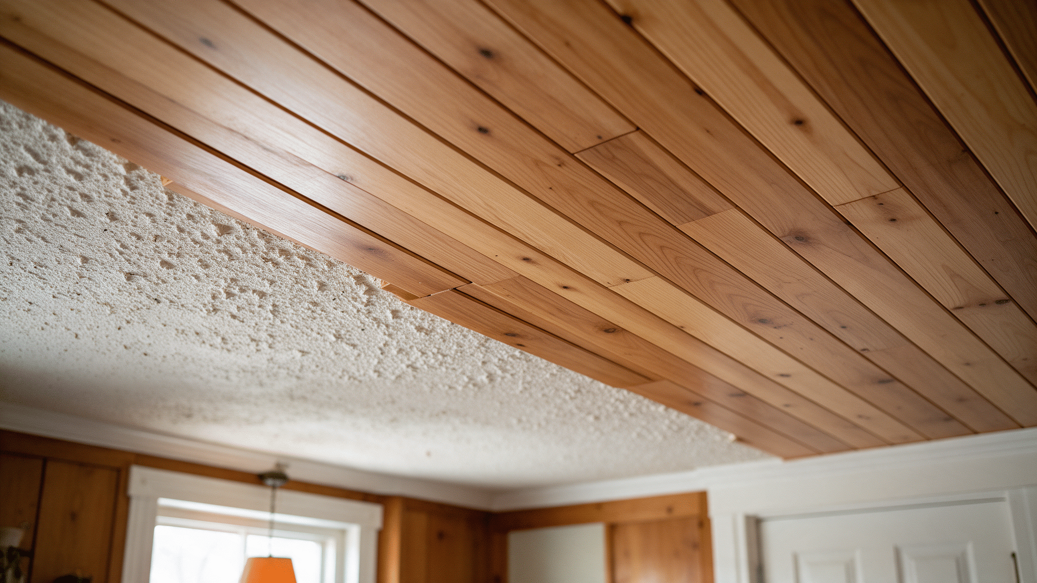 Wood tongue-and-groove ceiling planks partially installed over an old popcorn-textured ceiling