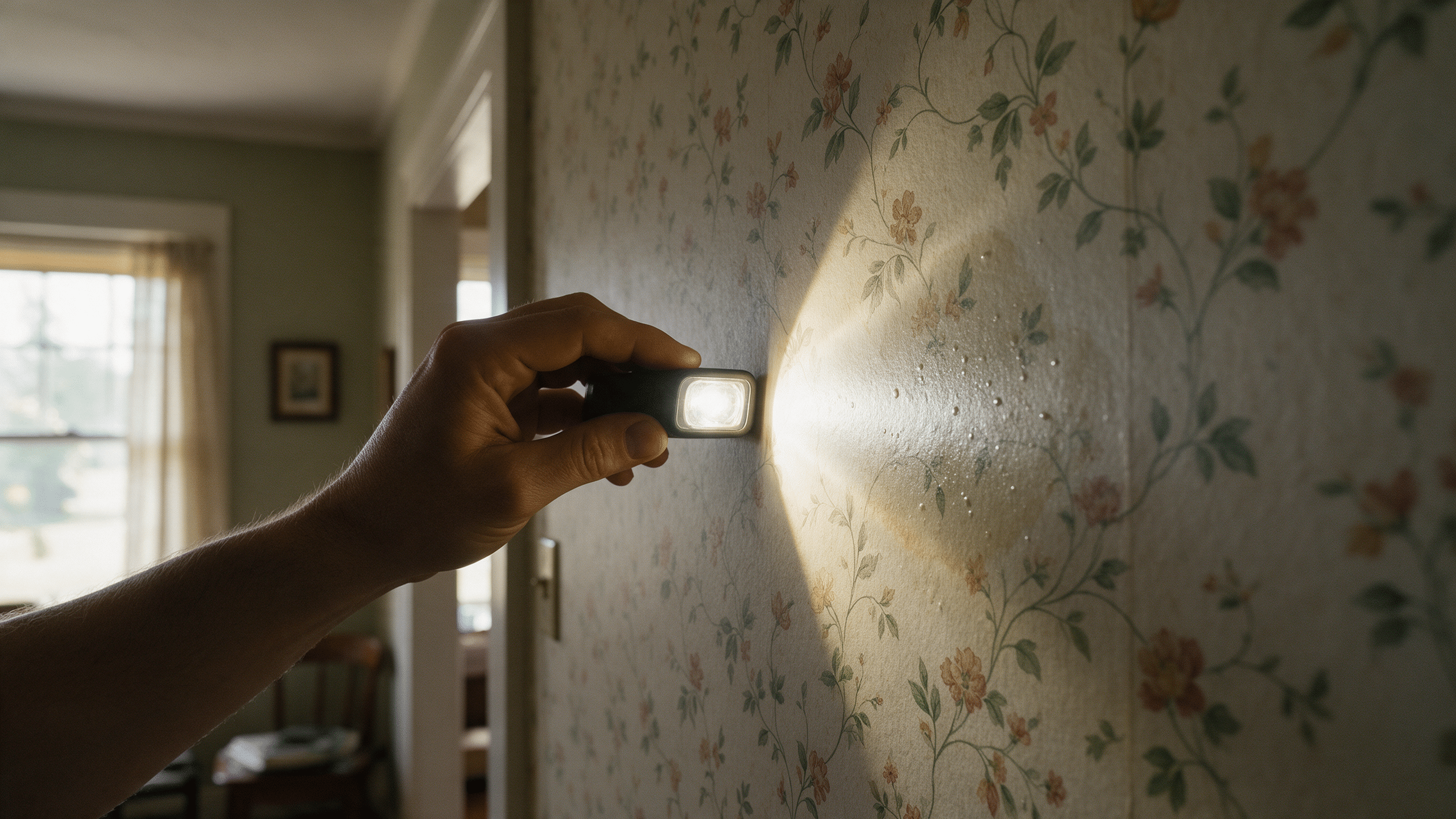 Hand holding a small flashlight flat against a wallpapered wall so raking light shows bubbles and a stained patch