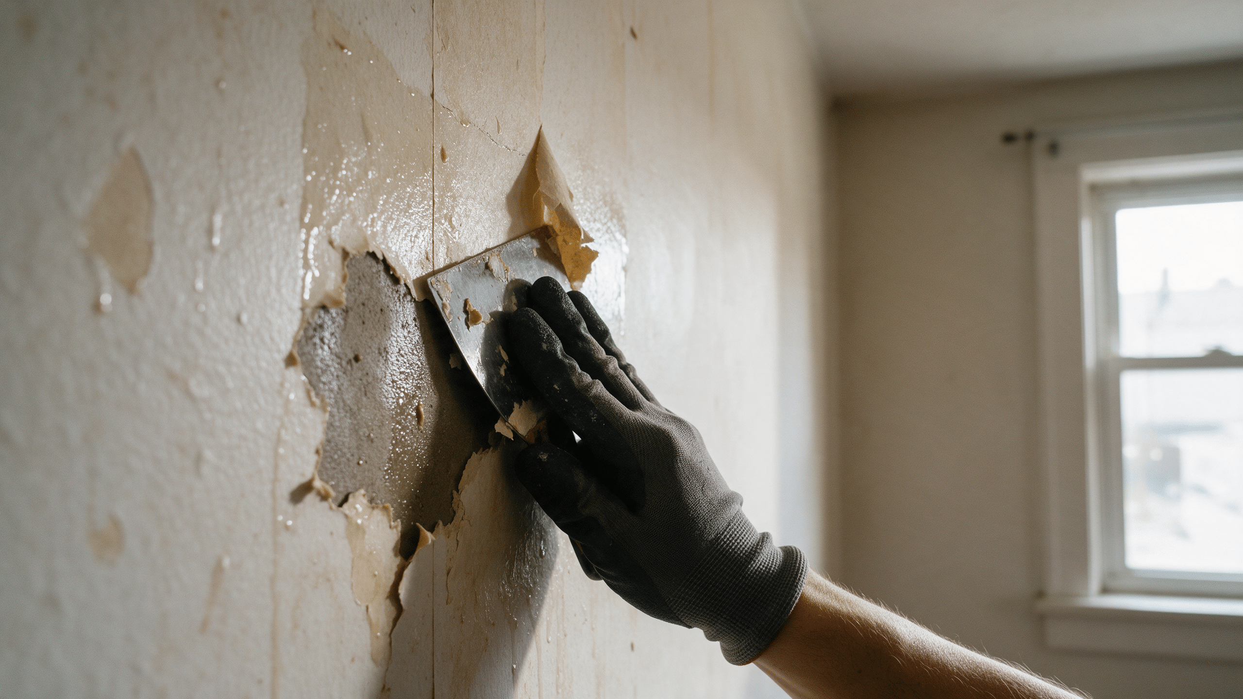Gloved hand scraping stripped wallpaper off a wall next to a window, exposing damp, darkened wall surface underneath