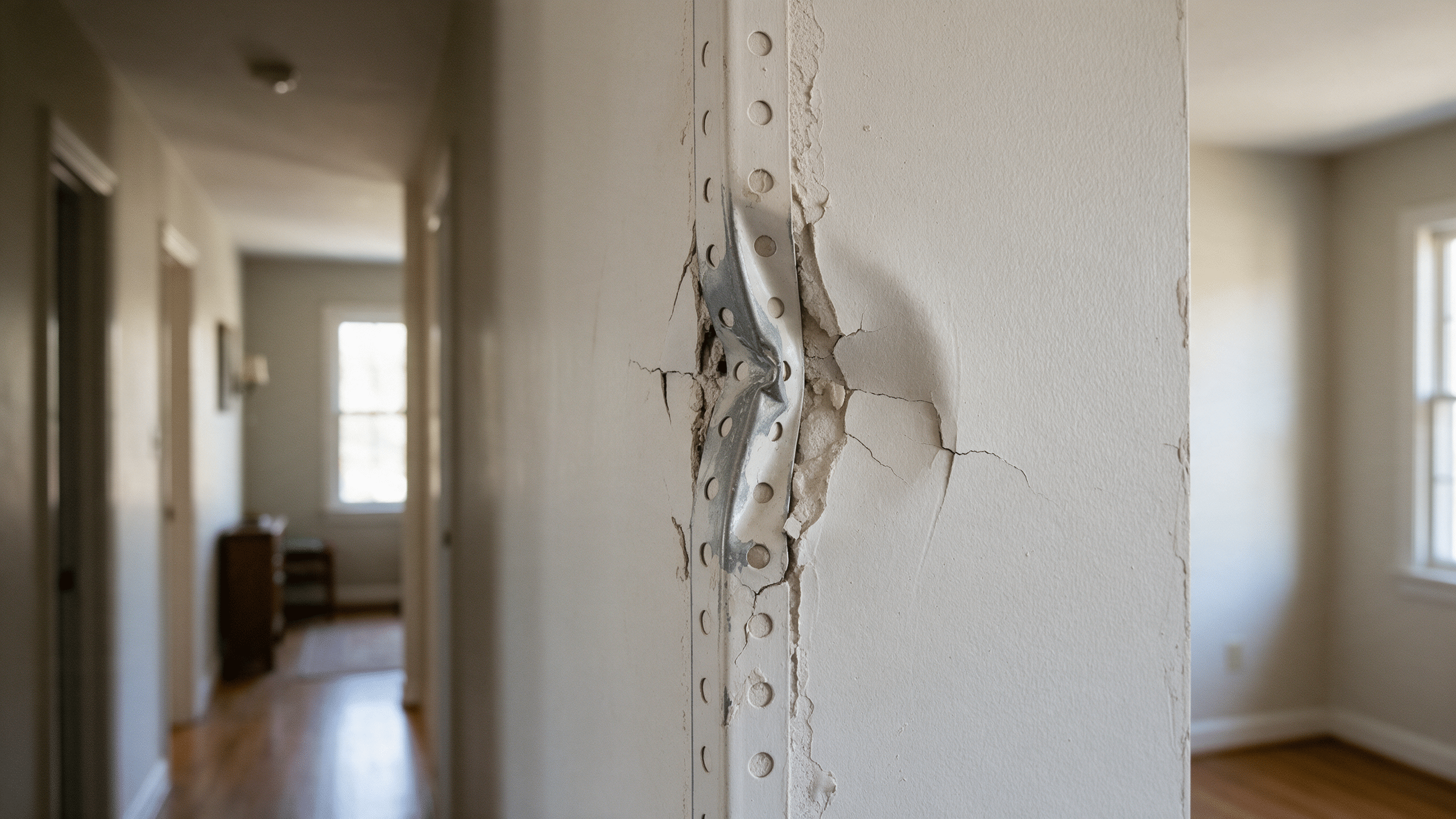 A bent metal corner bead exposed through cracked plaster at an outside wall corner in a hallway