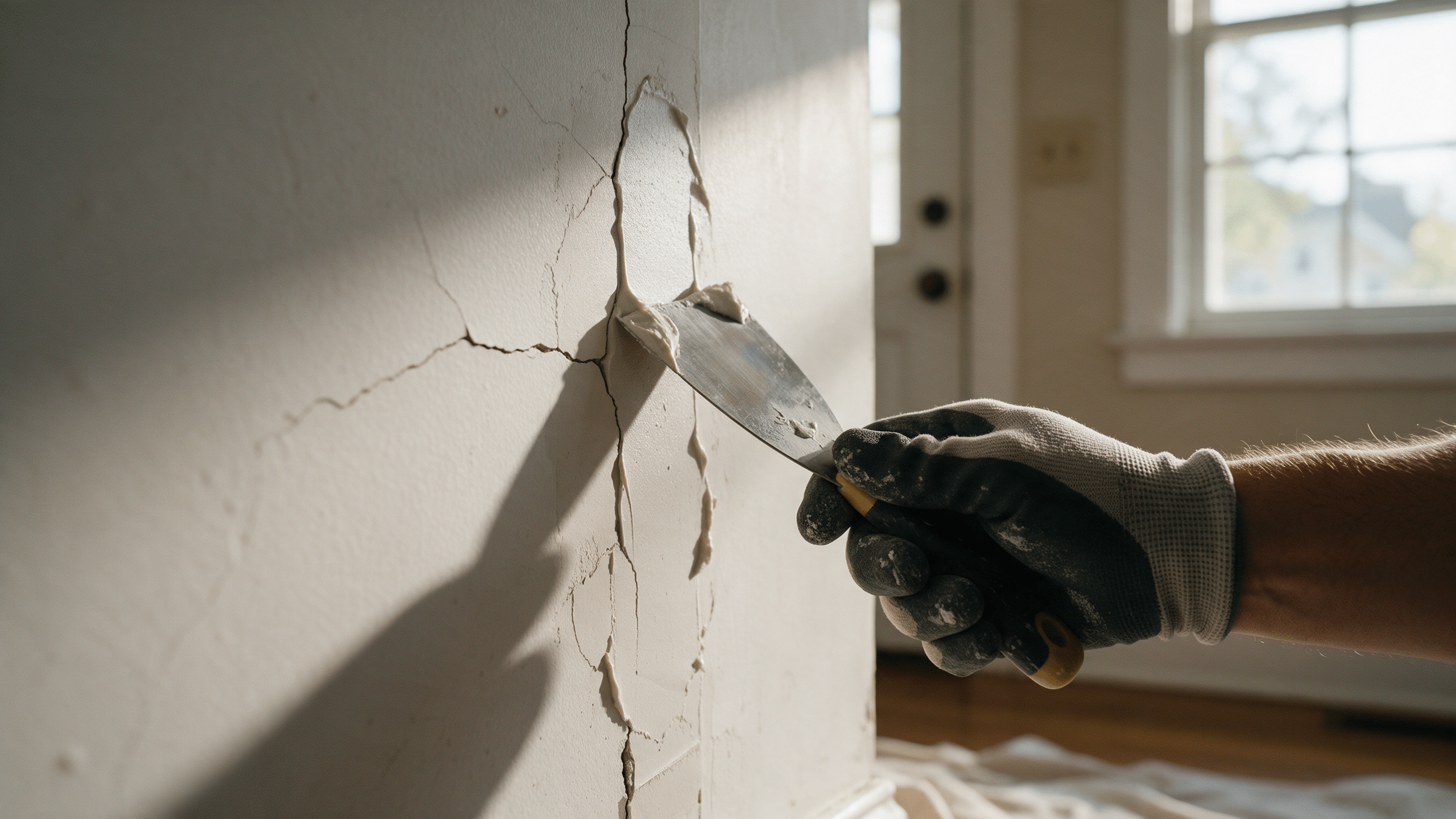 A gloved hand pressing joint compound into a cracked wall corner with a putty knife