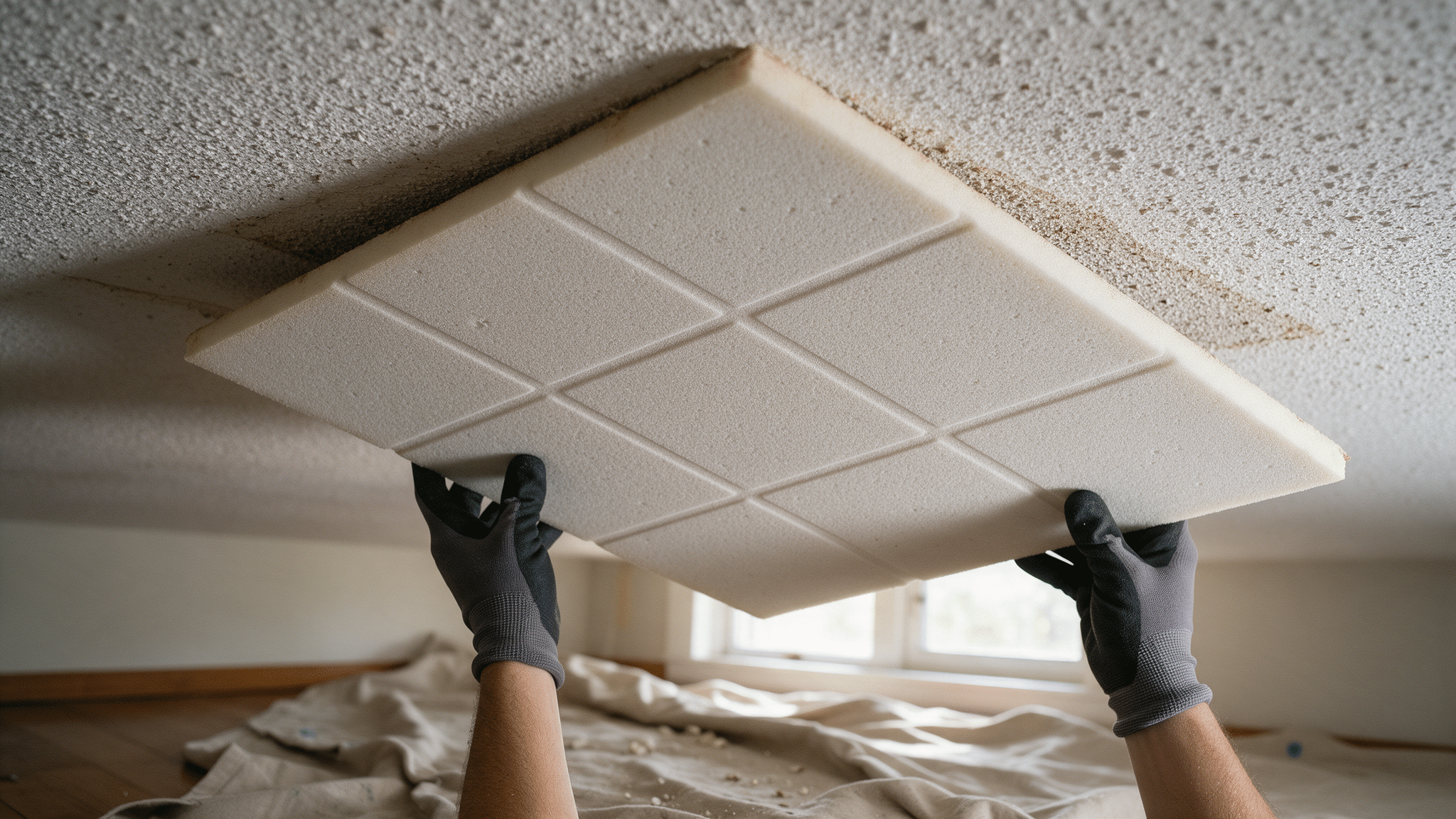 Gloved hands pressing a foam ceiling tile against a bumpy popcorn-textured ceiling