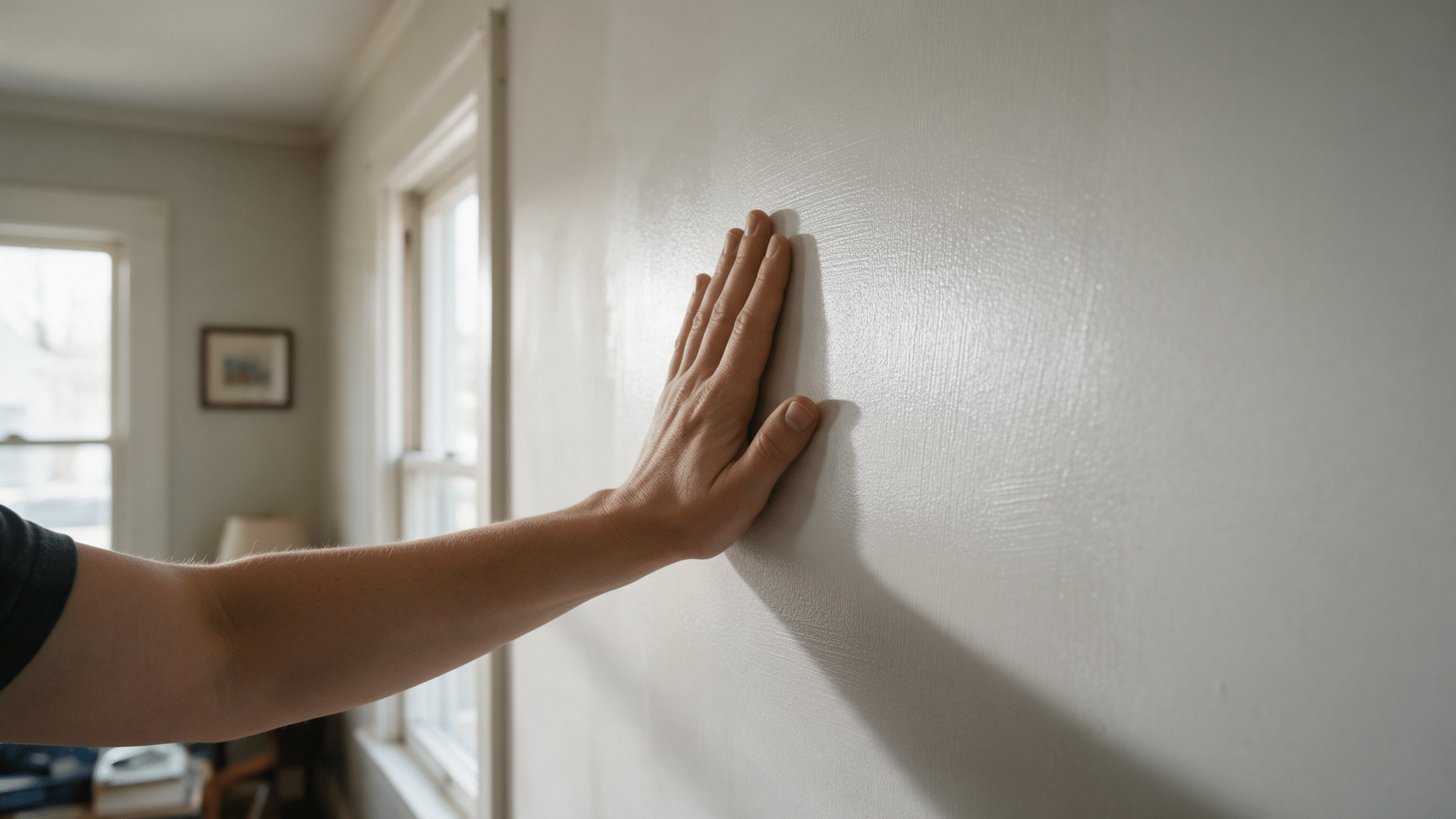 A hand pressed flat against a freshly primed wall to test whether it is dry to the touch