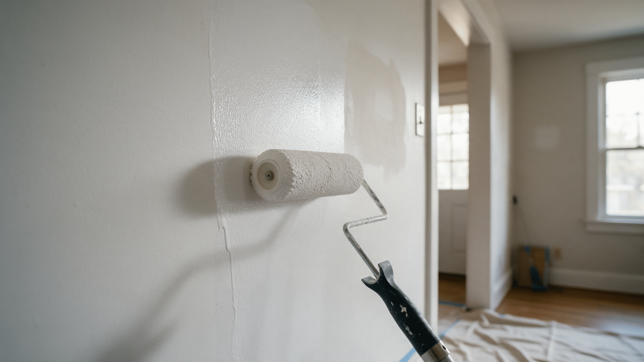 A paint roller applying white primer across a wall with a visible wet edge near a patched section